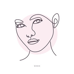 Line drawing. Minimalist logo for a women's line. Flower head Woman line drawing illustration. Woman's face with a line of flowers. Natural organic cosmetics.