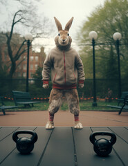 Rabbit in sweatshirt, ready to exercise with weights, illustrating an adorable combination of...