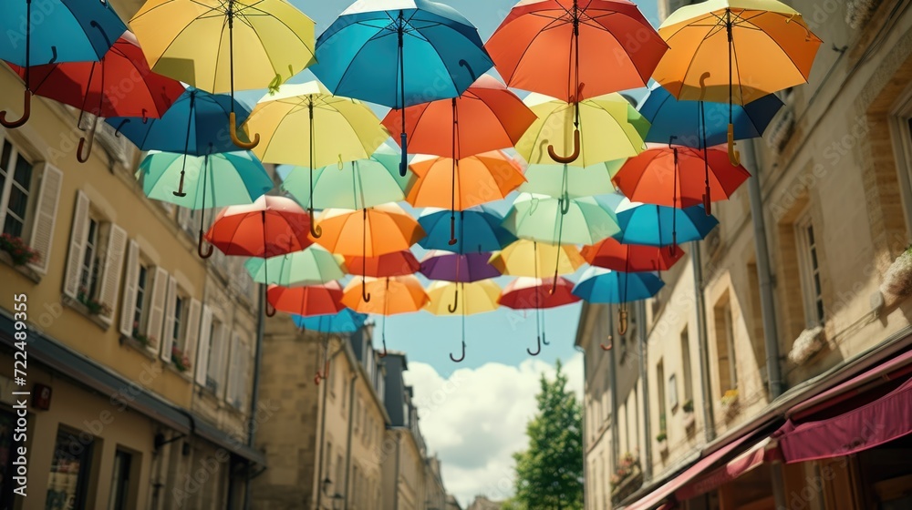 Poster colorful umbrellas hanging from the ceiling. great for adding a vibrant touch to any space