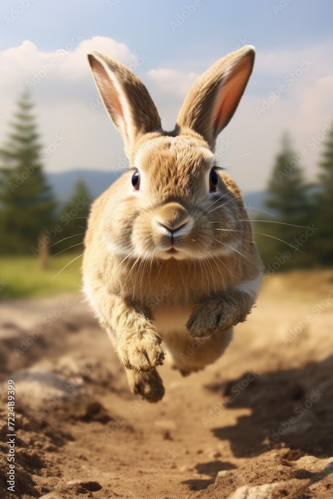 Poster a rabbit captured mid-air as it jumps over a dirt field. this image can be used to depict agility, f