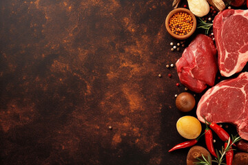 Obraz na płótnie Canvas Raw steaks ready to cook with herbs and spices.