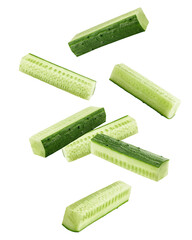 Falling chopped Cucumber, stick, isolated on white background, full depth of field