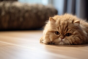 A fluffy orange cat laying on the floor. Generative AI.