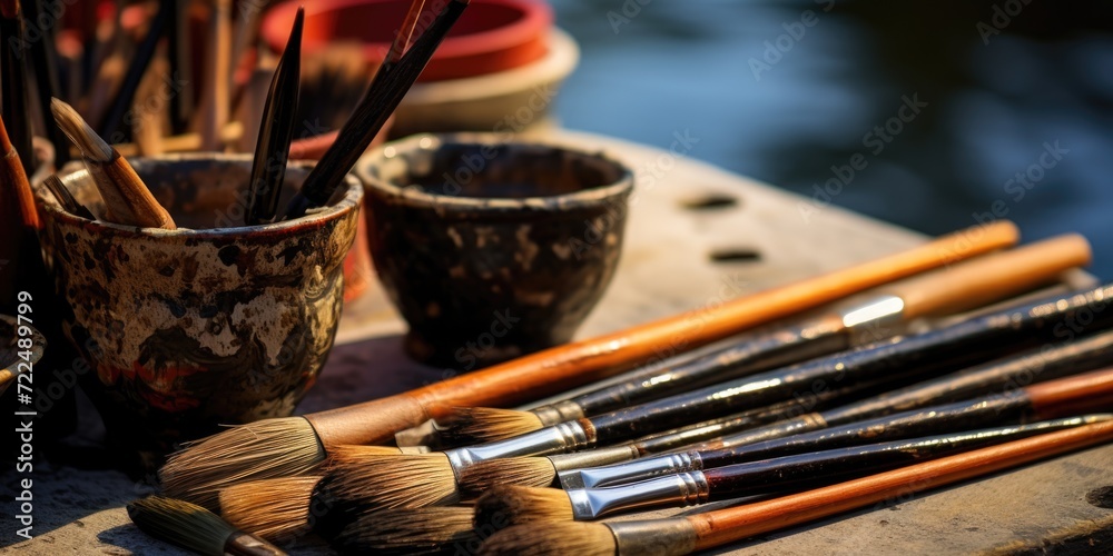 Poster A collection of brushes neatly arranged on a table. Ideal for creative projects and art-related concepts