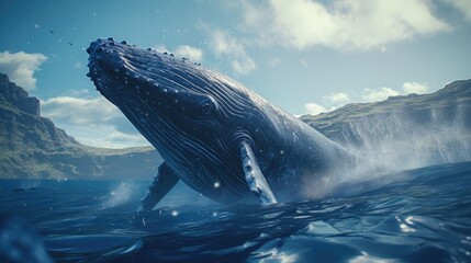 Fototapeta premium A humpback whale swimming in the water with a majestic mountain in the background. This image captures the beauty of nature and the peacefulness of the ocean.