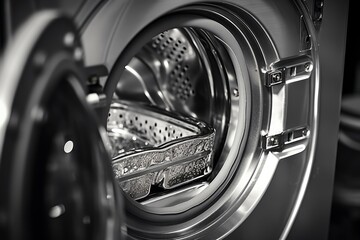 A black and white photo of a washing machine. Suitable for home appliance or laundry-related designs