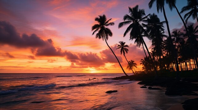 palm tree on the beach during sunset pink sky of beautiful a tropical beach. Neural network AI generated art