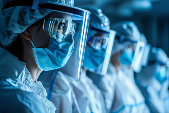 A Group Of People Wearing Face Masks And Protective Gear