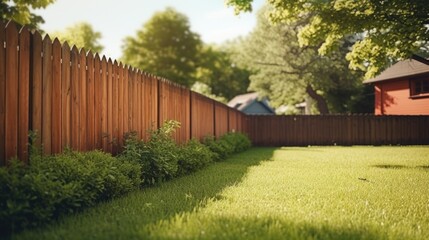 Fototapeta na wymiar A picture of a wooden fence in a backyard surrounded by lush green grass and tall trees. This image can be used to depict a peaceful and natural outdoor setting.