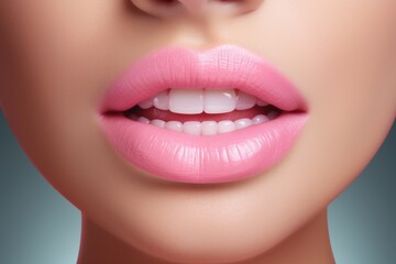 Fototapeta premium A close-up view of a woman's mouth with perfectly pink lips. This image can be used for beauty, cosmetics, or fashion-related projects