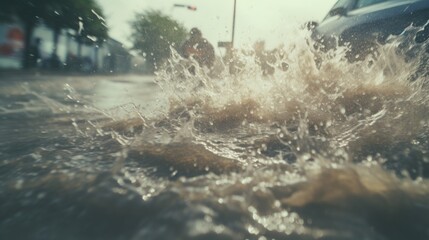 A car driving through a puddle of water, creating a splash. Suitable for automotive, transportation, and weather-related themes