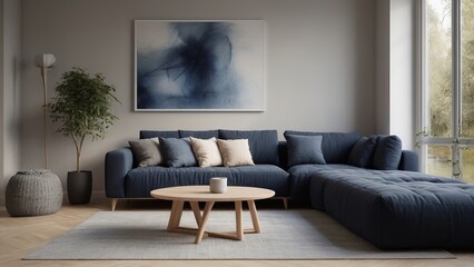Modern Living Room with Blue Sofa, Wooden Table, Abstract Art, and Indoor Plant
