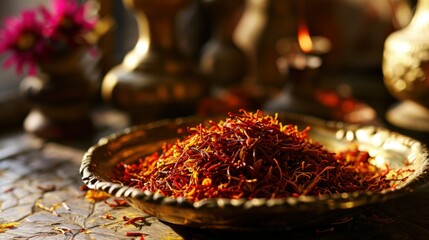 Golden Plate of Premium Saffron Spice. luxurious display of the world's most expensive spice,...