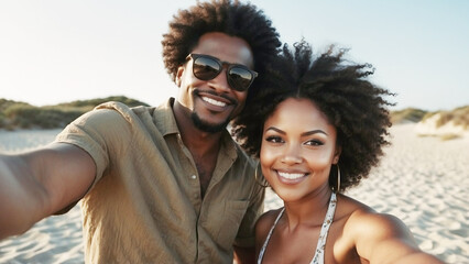 Young black couple with afro hair taking a selfie on the beach in summertime - obrazy, fototapety, plakaty