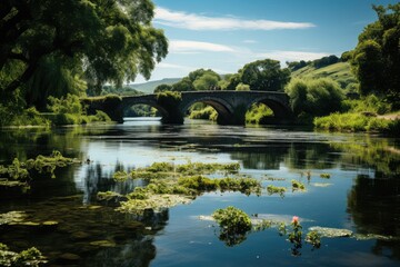 Fototapeta na wymiar Long bridge gracefully spanning across a tranquil river