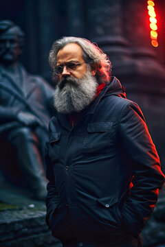A modern day Karl Marx heading to a party in the Berghain techno club (generative AI)