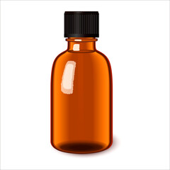 Amber glass bottle mockup with a plastic cap. Dark glass medical bottle mock-up for medicines. Brown plastic bottle with black cap. Glass bottle with essential oil on white background	
