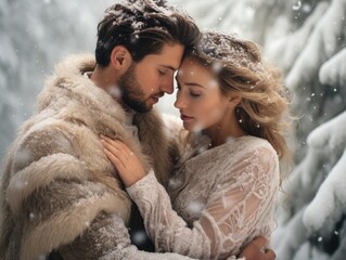 Couple standing together in a winter wonderland and snowflakes falling