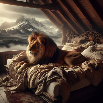 A Calm Peaceful Large Playful Lion Attentive Eyes Laying on Top of a Comfortable Comfy Bed with Ornate Wooden Headboard Next the Window of Bedroom Covered in Blankets. Relax, Lies Sleeping Dream Room