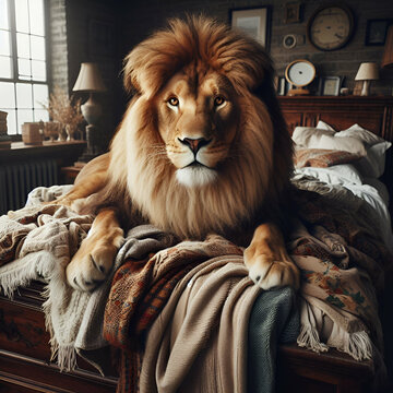 A Calm Peaceful Large Playful Lion Attentive Eyes Laying on Top of a Comfortable Comfy Bed with Ornate Wooden Headboard Next the Window of Bedroom Covered in Blankets. Relax, Lies Sleeping Dream Room