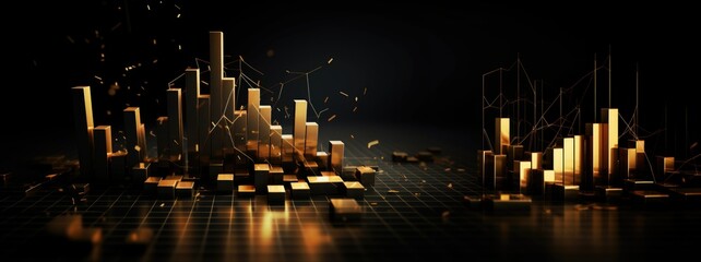 Glowing financial graph with rising golden bars and energetic sparks, growth, success and dynamic market activity in the financial sector. Dynamic Financial Progress, Prosperous Market Surge