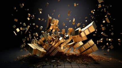 Stock Market Crash Concept with Shattering Cubes. Digital image concept of a stock market crash depicted by exploding golden cubes, representing a sudden decline in stock prices.