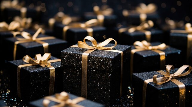 A collection of elegant black gift boxes adorned with sparkling golden ribbons, set against a soft-focus background with festive lights.
