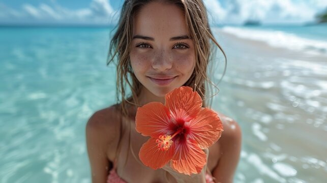  a beautiful young woman holding a flower in front of her face while standing in front of a body of water.