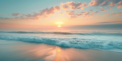 Fototapeta na wymiar Dreamy coastal sunrise, a breathtaking wallpaper capturing the soft hues of sunrise over a tranquil coastal landscape.