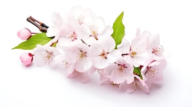 Up-close Cherry blossom on white background, isolated Sakura tree branch