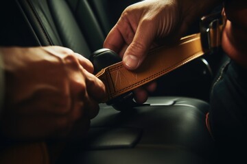 A person holding a leather belt inside a car. This image can be used to illustrate car maintenance or safety