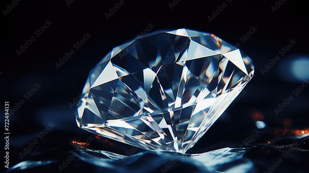 Poster a close-up view of a sparkling diamond placed on a sleek black surface. perfect for showcasing the b