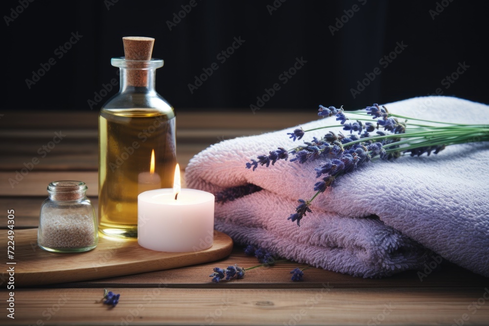 Poster A bottle of essential oil placed next to a towel and a candle. Ideal for creating a relaxing atmosphere or for use in spa and wellness themes