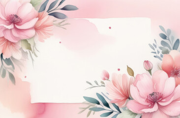 Watercolor floral background with pink flower and space for text .  illustration.