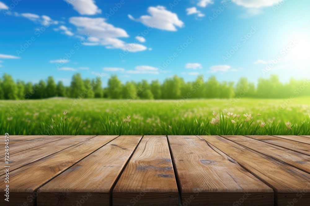 Poster a wooden table placed in front of a lush green grass field. this image can be used for various purpo
