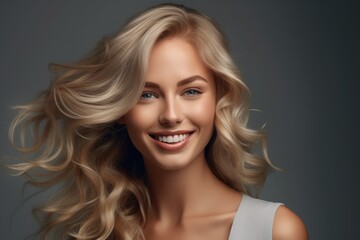 Fototapeta premium A stunning blond woman with flowing wavy hair. Suitable for fashion, beauty, and lifestyle concepts