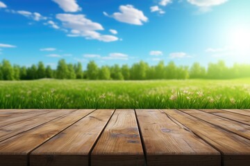 Fototapeta premium A wooden table placed in front of a lush green grass field. This image can be used for various purposes
