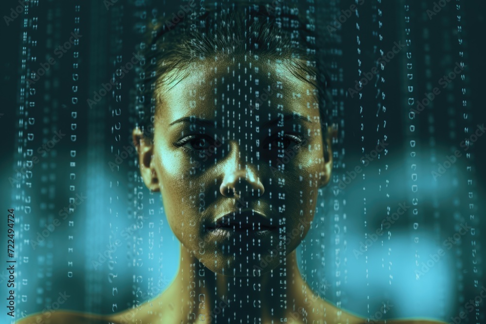 Poster A woman standing in front of a computer screen. Suitable for technology and office-related concepts