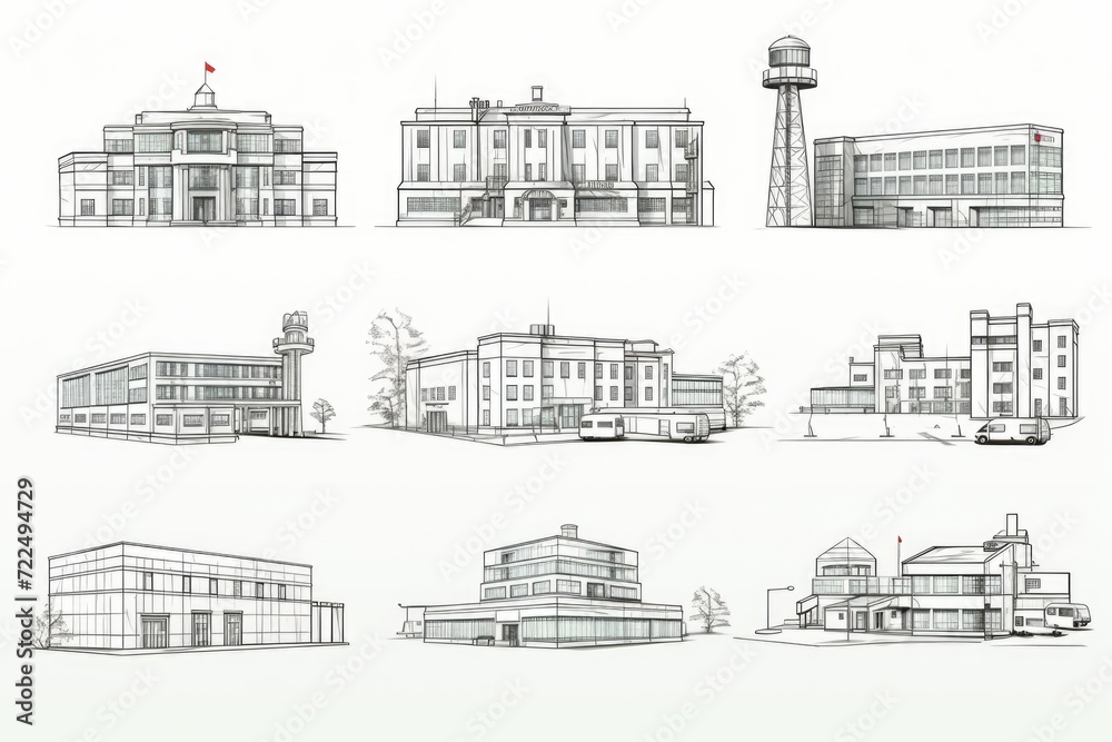Poster A collection of sketches showcasing various buildings and a tower. Versatile and suitable for a range of design projects