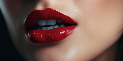A close up view of a woman's lips with vibrant red lipstick. Perfect for beauty and makeup related projects
