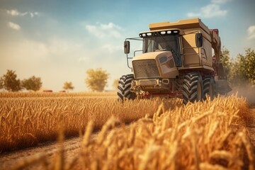 Obraz premium A tractor is driving through a field of wheat. This picture can be used to depict agriculture, farming, countryside, or rural landscapes