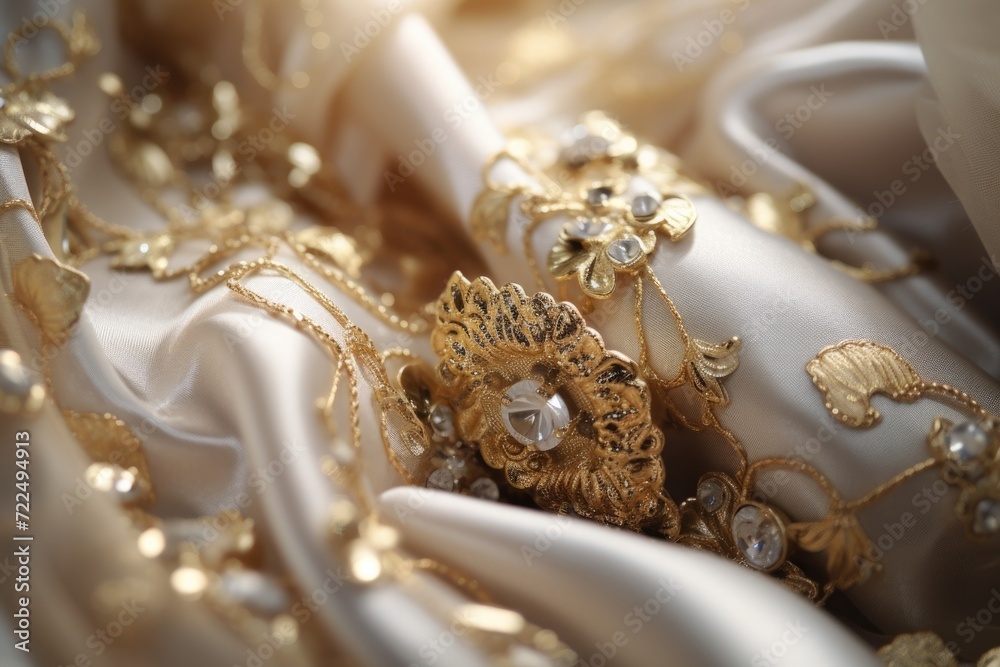 Poster A detailed view of a gold and white cloth. Perfect for adding an elegant touch to any event or setting