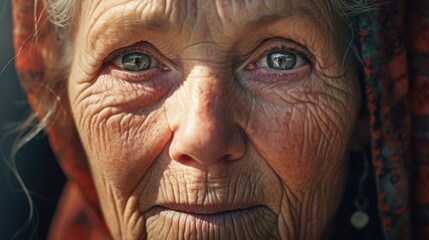 A detailed close-up of an aging woman's face. This image can be used to depict the beauty of aging, the wisdom of the elderly, or the challenges of growing old.