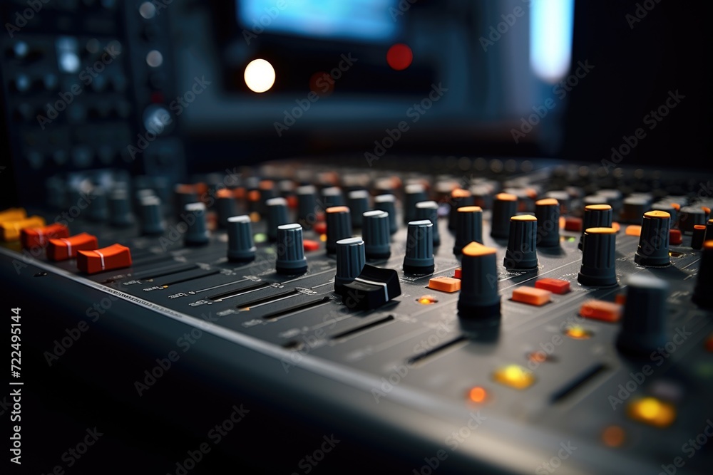 Poster Close up view of a mixing board with various knobs and controls. Ideal for illustrating music production, audio engineering, or sound mixing concepts