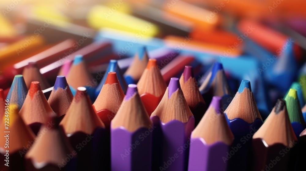 Poster a detailed view of a collection of vibrant colored pencils. perfect for creative projects and educat