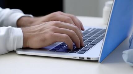 Person typing on a laptop. Can be used to illustrate work, technology, or productivity