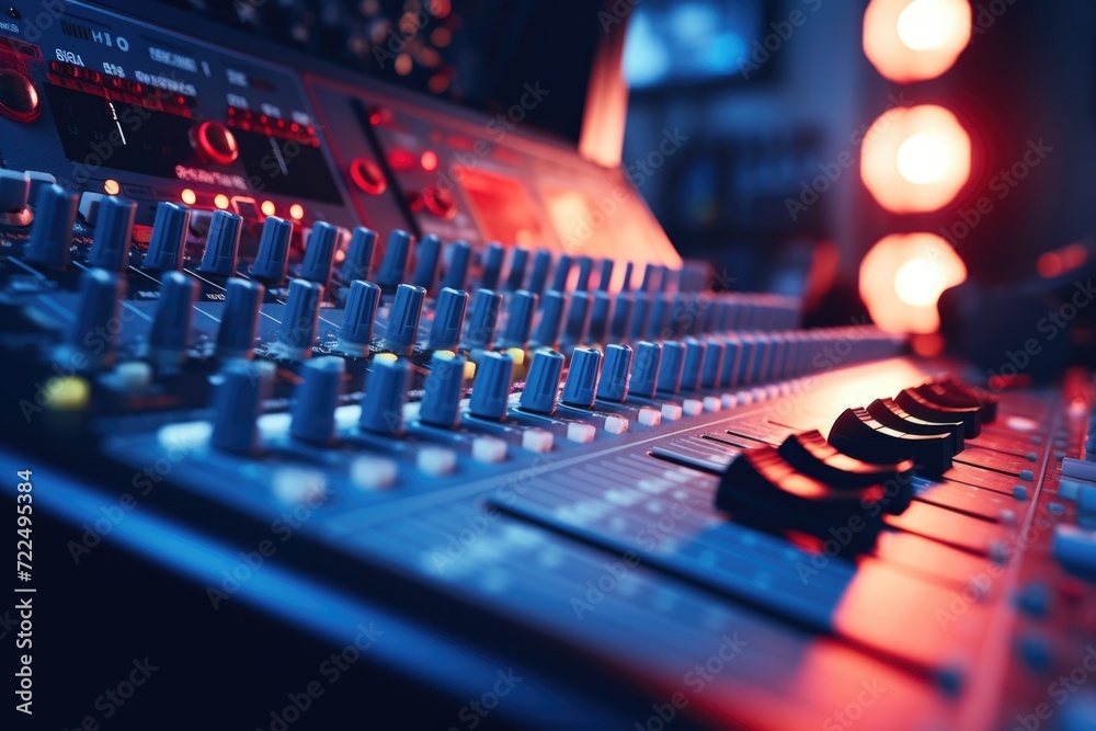 Poster Close up of a sound board in a recording studio. Perfect for illustrating the technical aspects of music production.