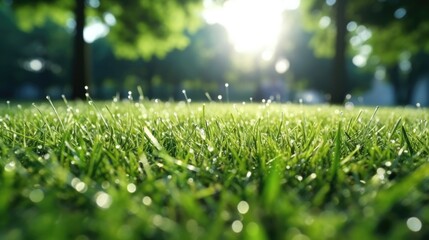 A picture of a grass field with water droplets on it. Suitable for nature or landscape themes - obrazy, fototapety, plakaty