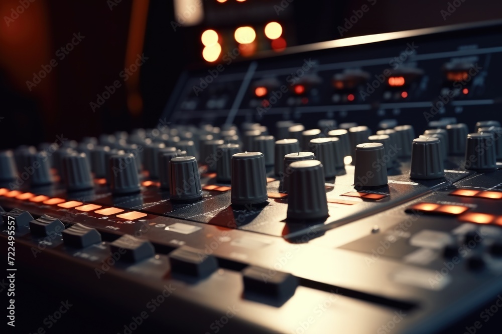 Poster A detailed view of a sound board in a recording studio. This image can be used to depict the technical aspects of music production and sound engineering