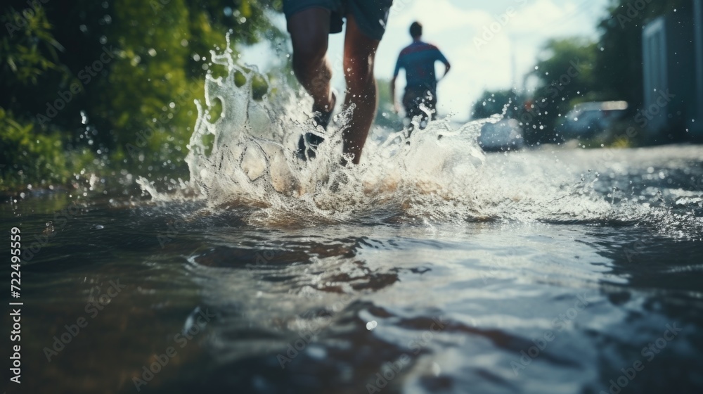 Poster two people running through a puddle of water. suitable for action or sport-related projects